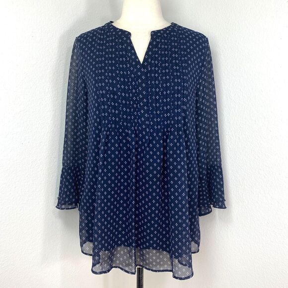 Charter Club Pullover Tunic Blouse M Chiffon Pleats 3/4 Flounce Sleeves Relaxed - Picture 1 of 13